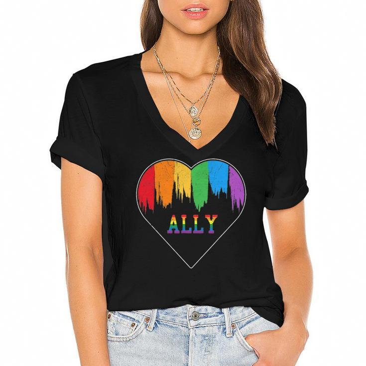 Hearts Lgbt Equality Love Lgbtq Rainbow Flag Gay Pride Ally Women's Jersey Short Sleeve Deep V-Neck Tshirt