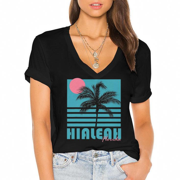 Hialeah Florida Vintage Souvenirs Palm Trees Beach Women's Jersey Short Sleeve Deep V-Neck Tshirt