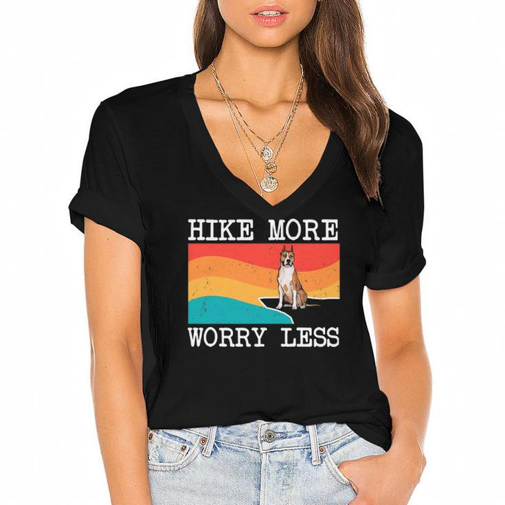 Hike More Worry Less American Staffordshire Terrier Hiking Women's Jersey Short Sleeve Deep V-Neck Tshirt