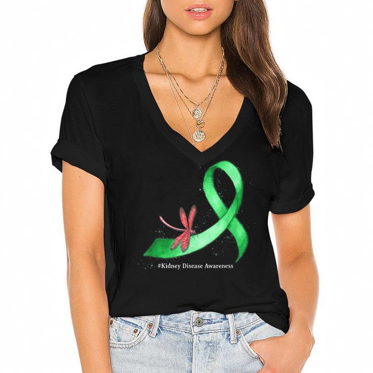 Hippie Dragonfly Green Ribbon Kidney Disease Awareness  Women's Jersey Short Sleeve Deep V-Neck Tshirt