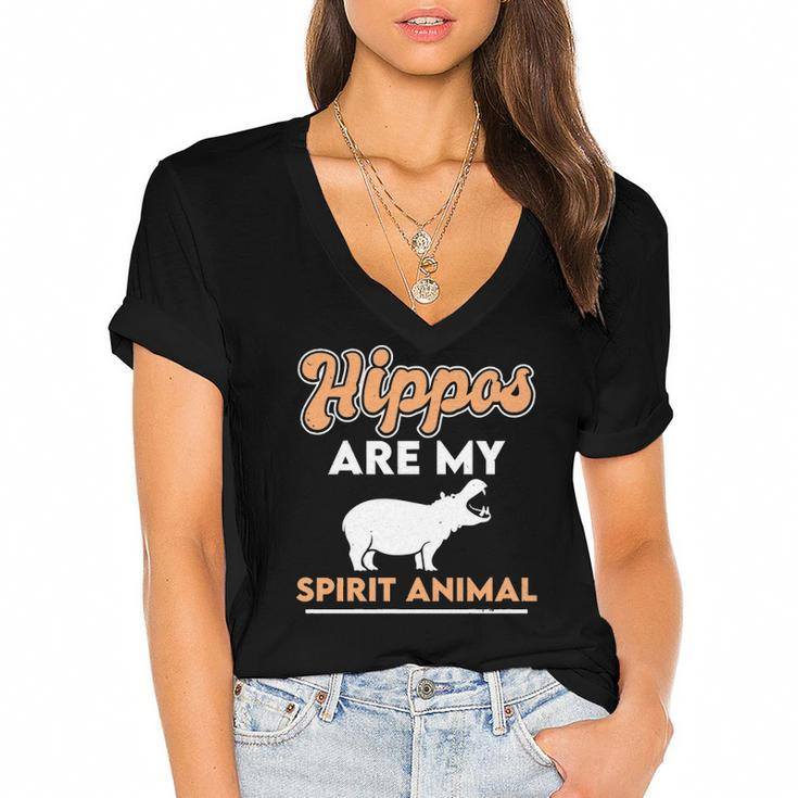 Hippos Are My Spirit Animal Hippopotamus Lover Retro  Women's Jersey Short Sleeve Deep V-Neck Tshirt