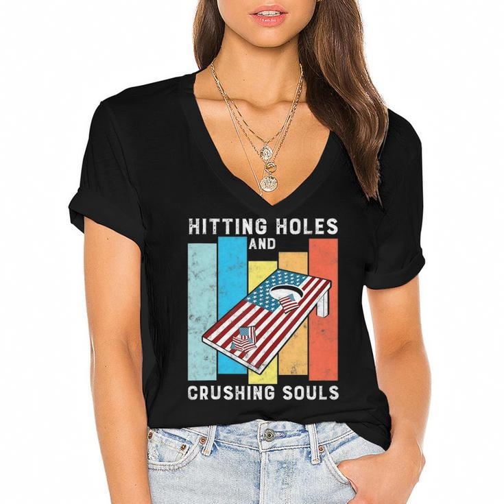 Hitting Holes And Crushing Souls Funny Retro Style Cornhole Women's Jersey Short Sleeve Deep V-Neck Tshirt