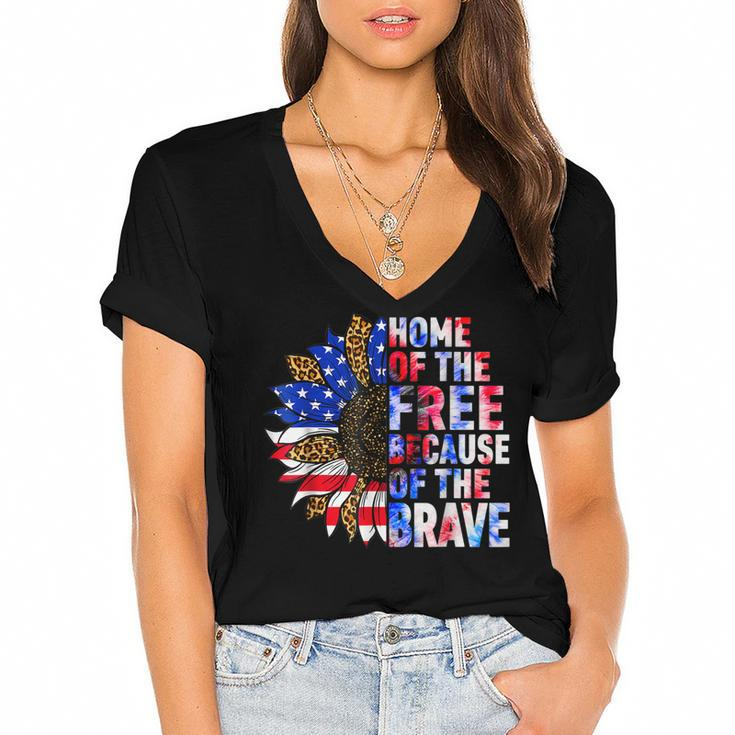 Home Of The Free Because Of The Brave Sunflower 4Th Of July  Women's Jersey Short Sleeve Deep V-Neck Tshirt