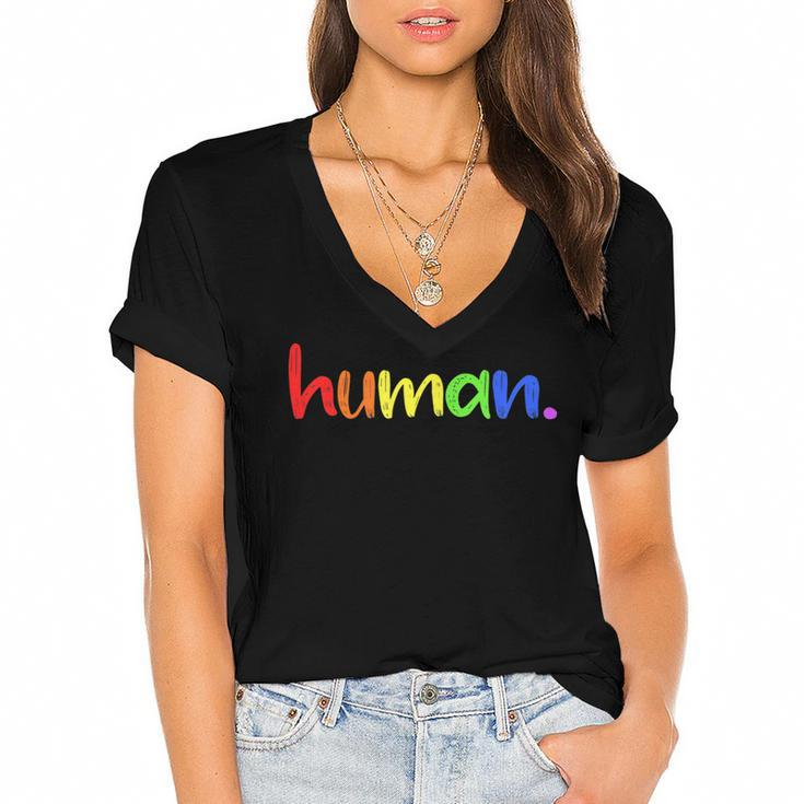 Human Lgbt Gift Lesbian Pride Gay Pride Lgbt Pride  Women's Jersey Short Sleeve Deep V-Neck Tshirt