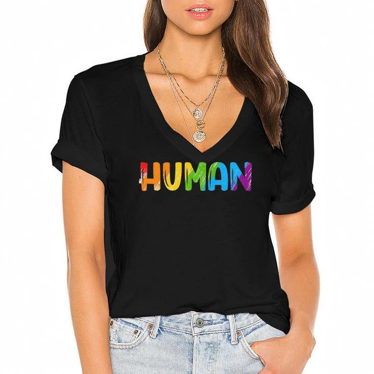 Human Lgbt Rainbow Flag Gay Pride Month Transgender Women's Jersey Short Sleeve Deep V-Neck Tshirt