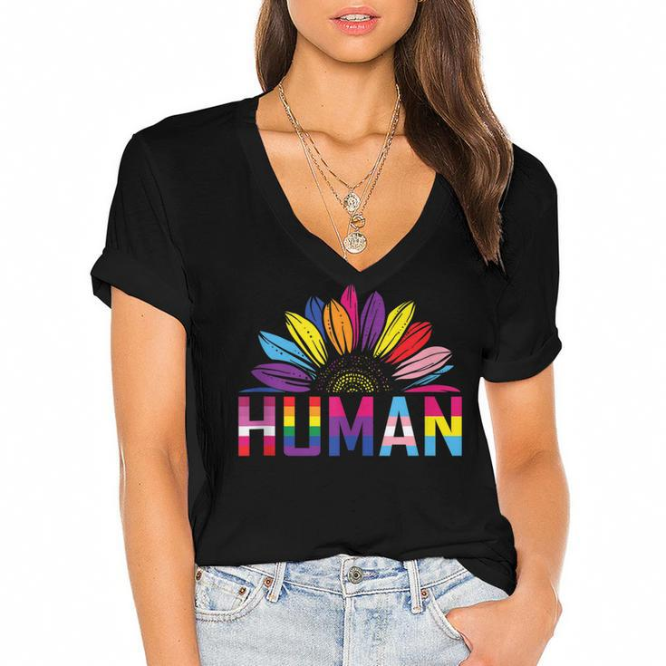 Human Lgbtq Month Pride Sunflower Women's Jersey Short Sleeve Deep V-Neck Tshirt