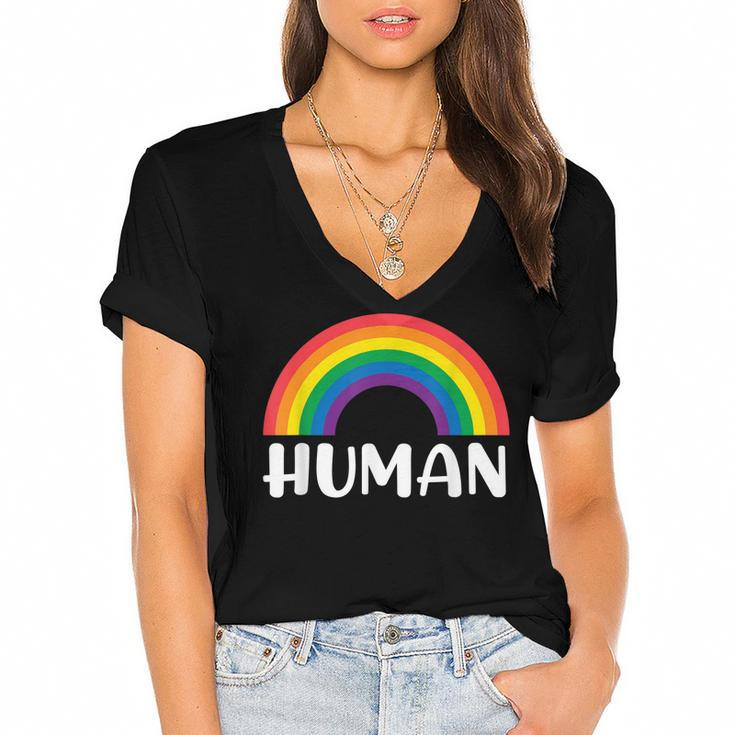 Human Rainbow Lgbt Pride Homo Lesbian Pride  Women's Jersey Short Sleeve Deep V-Neck Tshirt