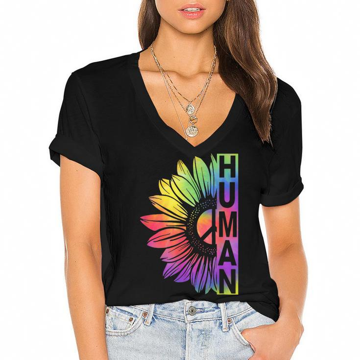 Human Sunflower Lgbt Tie Dye Flag Gay Pride Proud Lgbtq  Women's Jersey Short Sleeve Deep V-Neck Tshirt