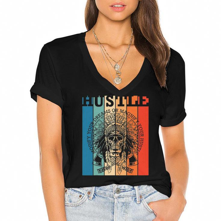 Hustle Retro Native American Indian Hip Hop Music Lover Gift Women's Jersey Short Sleeve Deep V-Neck Tshirt