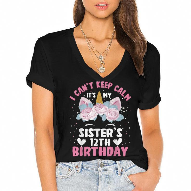 I Cant Keep Calm Its My Sister 12Th Birthday Unicorn  Women's Jersey Short Sleeve Deep V-Neck Tshirt