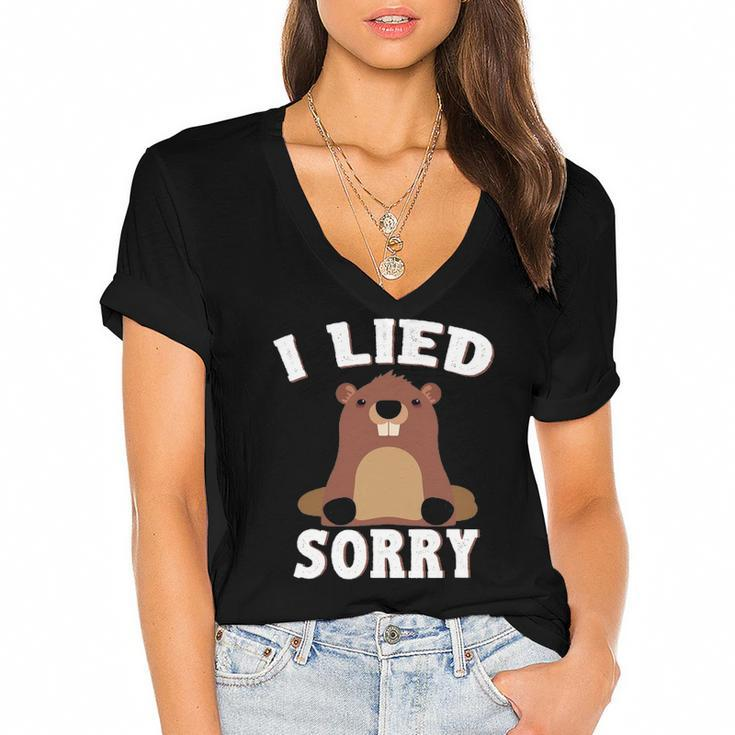 I Lied Sorry Funny Groundhog Day Brown Pig Gift Women's Jersey Short Sleeve Deep V-Neck Tshirt