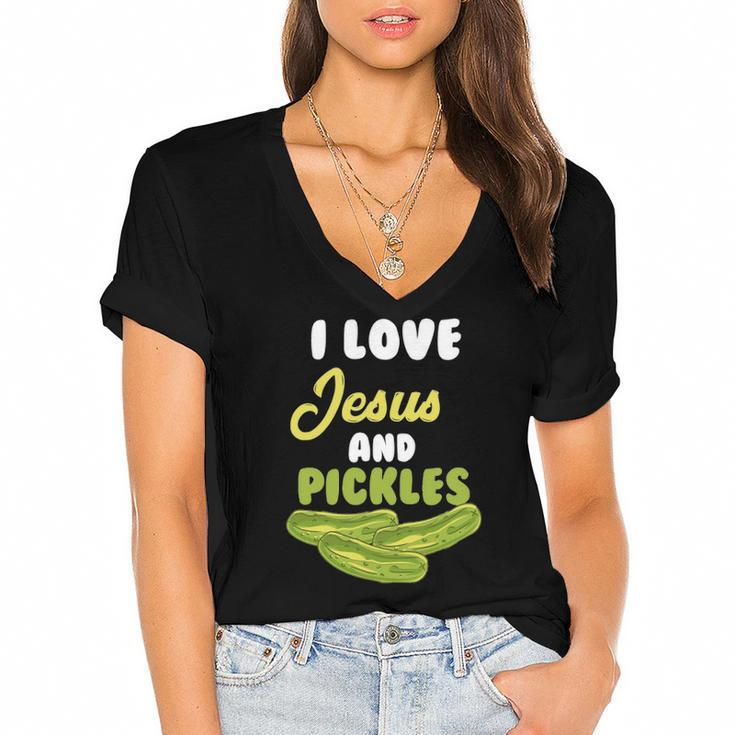 I Love Jesus & Pickles Religious Vegetarian Pickle Lover Women's Jersey Short Sleeve Deep V-Neck Tshirt