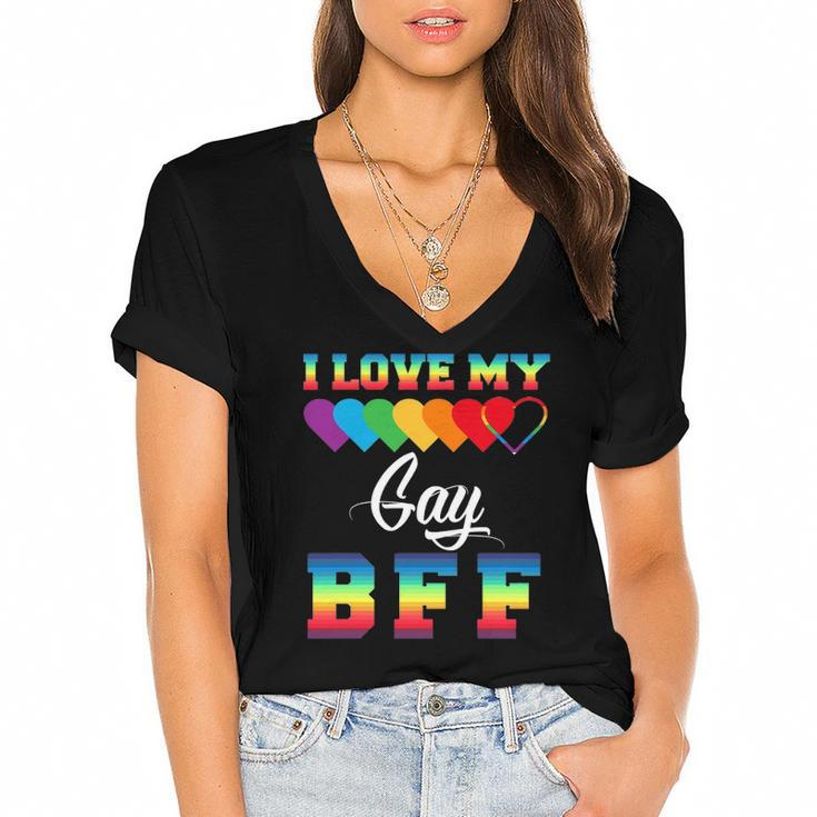 I Love My Gay Bff Rainbow Lgbt Pride Proud Lgbt Friend Ally Women's Jersey Short Sleeve Deep V-Neck Tshirt