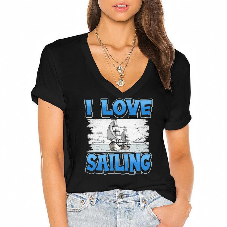 I Love Sailing Sailor Boat Ocean Ship Captain Women's Jersey Short Sleeve Deep V-Neck Tshirt