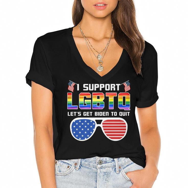 I Support Lgbtq Lets Get Biden To Quit Funny Political   Women's Jersey Short Sleeve Deep V-Neck Tshirt