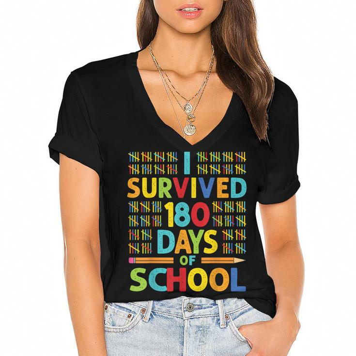 I Survived 180 Days Of School Last Day Of School Teacher  V2 Women's Jersey Short Sleeve Deep V-Neck Tshirt