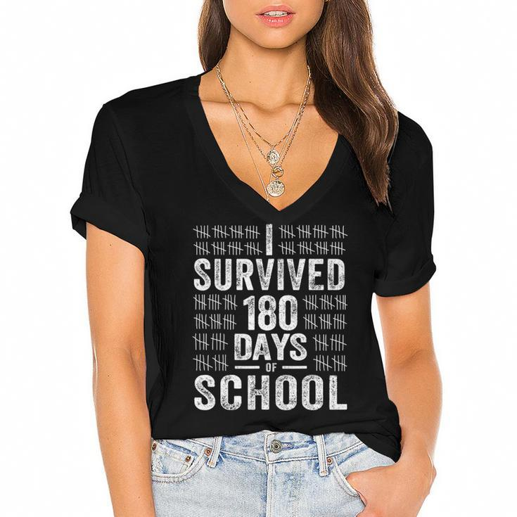 I Survived 180 Days Of School Last Day Of School Teacher Women's Jersey Short Sleeve Deep V-Neck Tshirt