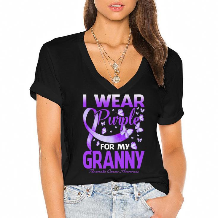 I Wear Purple For My Granny Pancreatic Cancer Awareness Women's Jersey Short Sleeve Deep V-Neck Tshirt