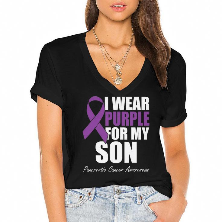 I Wear Purple For My Son Pancreatic Cancer Awareness Women's Jersey Short Sleeve Deep V-Neck Tshirt
