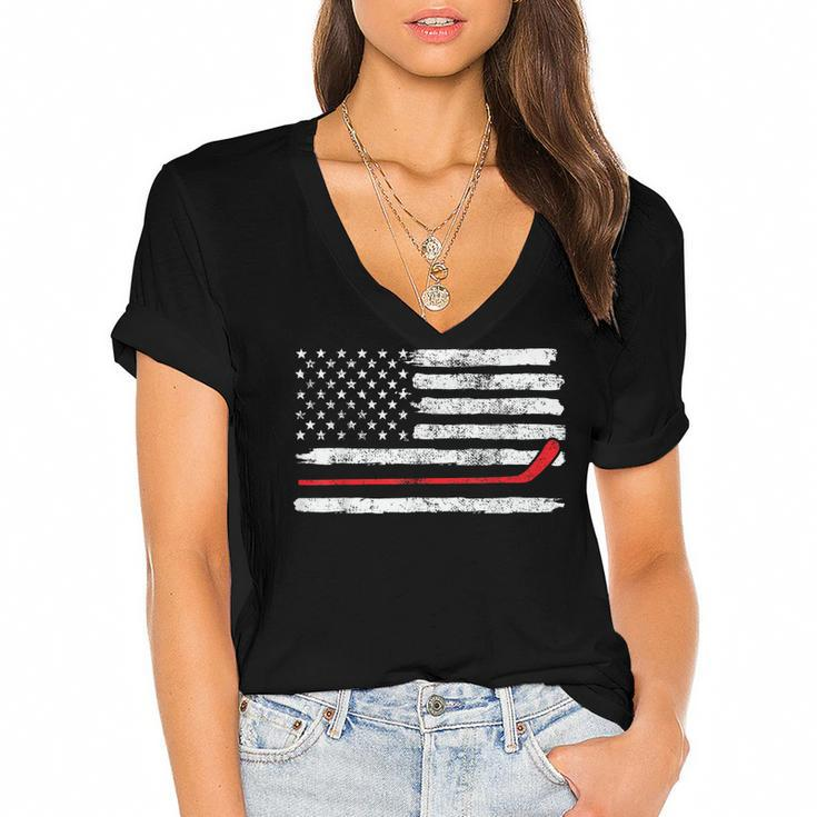 Ice Hockey Player Usa American Flag 4Th Of July Vintage  Women's Jersey Short Sleeve Deep V-Neck Tshirt