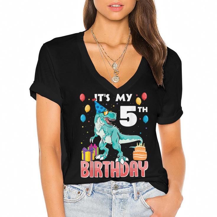 Its My 5Th Birthday Dino T-Rex 5 Years Old Bday  Women's Jersey Short Sleeve Deep V-Neck Tshirt