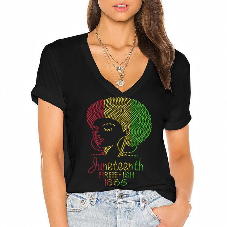Juneteenth Celebrate 1865 Freedom Day Rhinestone Black Women  Women's Jersey Short Sleeve Deep V-Neck Tshirt