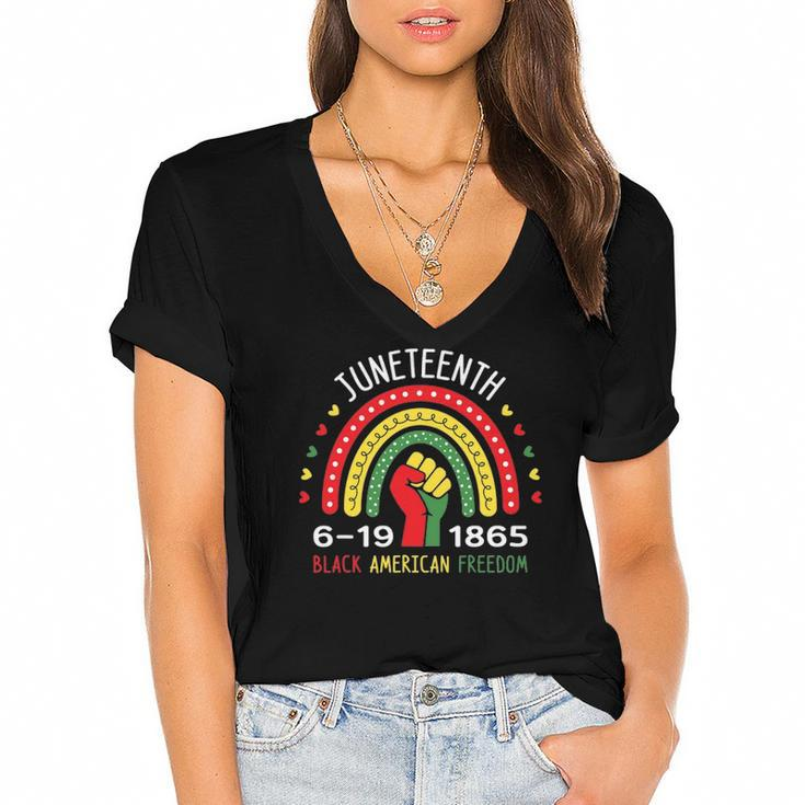 Juneteenth Celebrating Black America Freedom 1865 Rainbow Women's Jersey Short Sleeve Deep V-Neck Tshirt