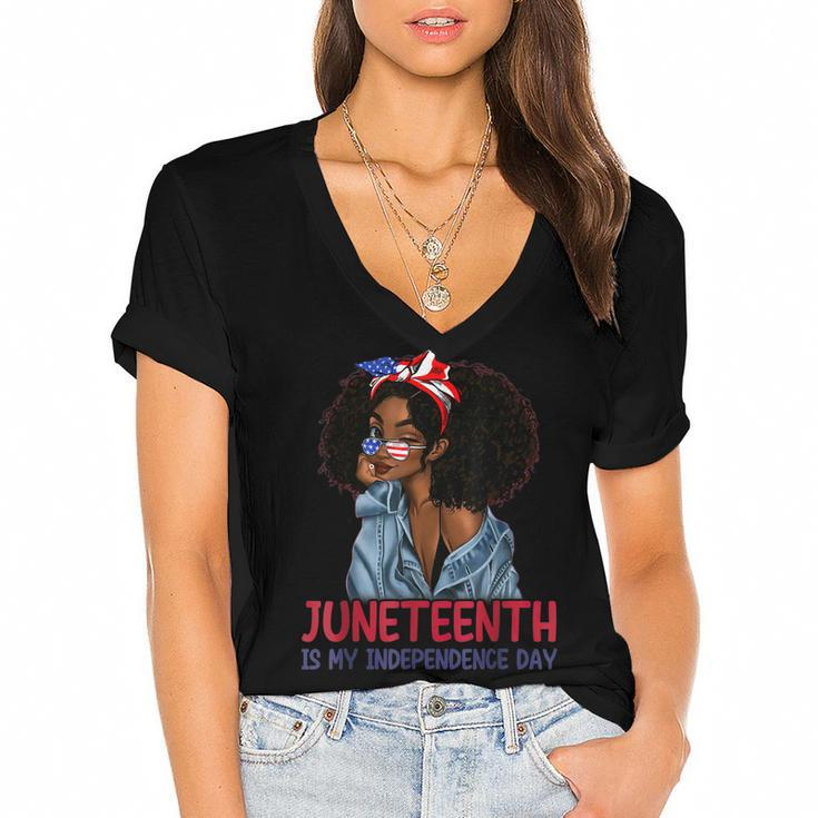Juneteenth Is My Independence Day 4Th Of July Black Afro  Women's Jersey Short Sleeve Deep V-Neck Tshirt