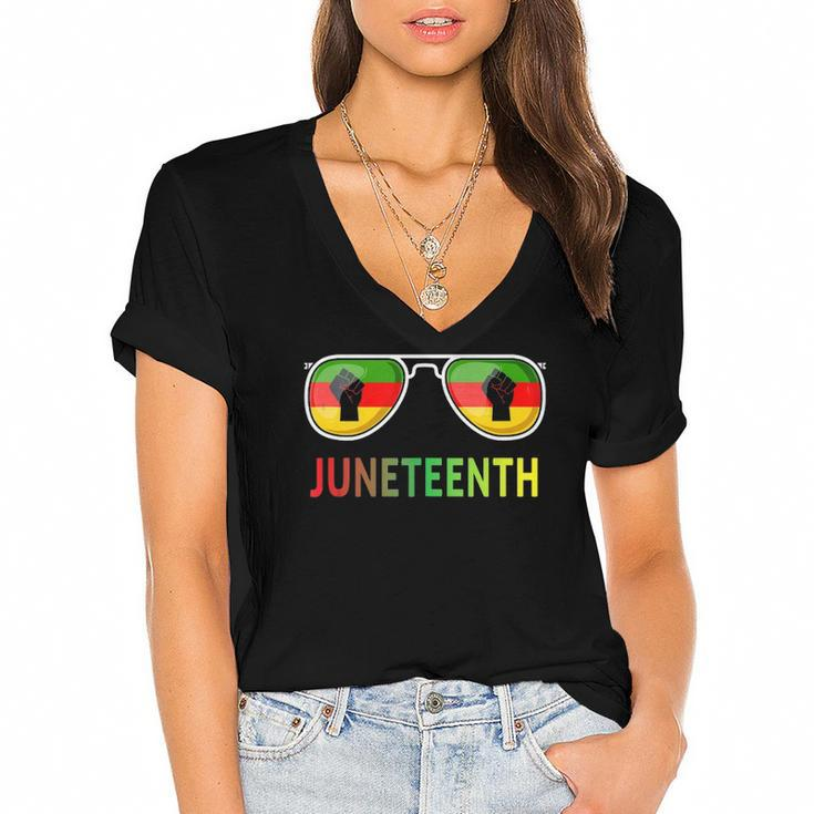 Juneteenth Sunglasses Black Pride Flag Fists Men Women  Women's Jersey Short Sleeve Deep V-Neck Tshirt