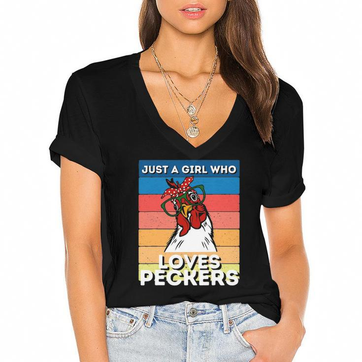 Just A Girl That Loves Peckers Funny Chicken Woman Tee Women's Jersey Short Sleeve Deep V-Neck Tshirt