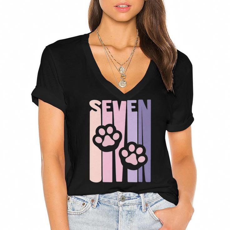 Kids 7Th Birthday Paw Cute Dog Fan 7 Years Old For Girls Women's Jersey Short Sleeve Deep V-Neck Tshirt