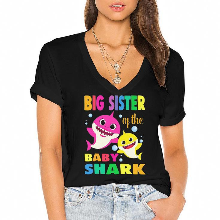 Kids Big Sister Of The Birthday Shark Mom Matching Family Women's Jersey Short Sleeve Deep V-Neck Tshirt