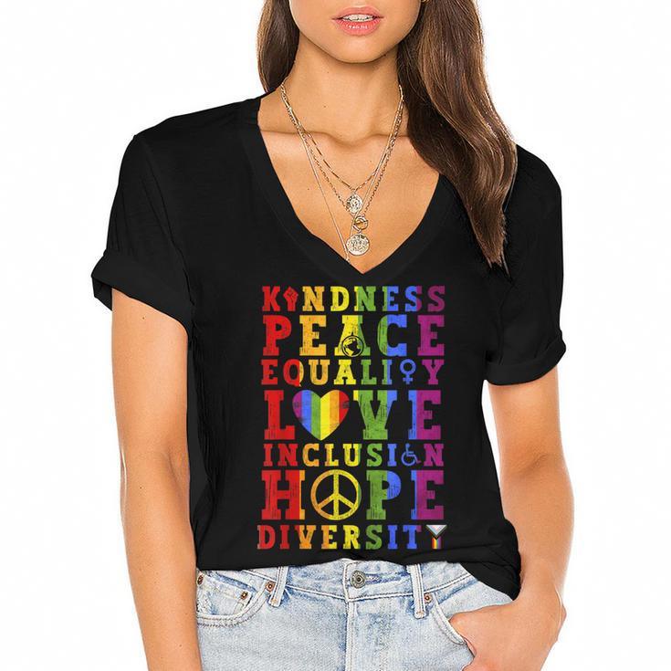 Kindness Equality Love Lgbtq Rainbow Flag Gay Pride Month  Women's Jersey Short Sleeve Deep V-Neck Tshirt