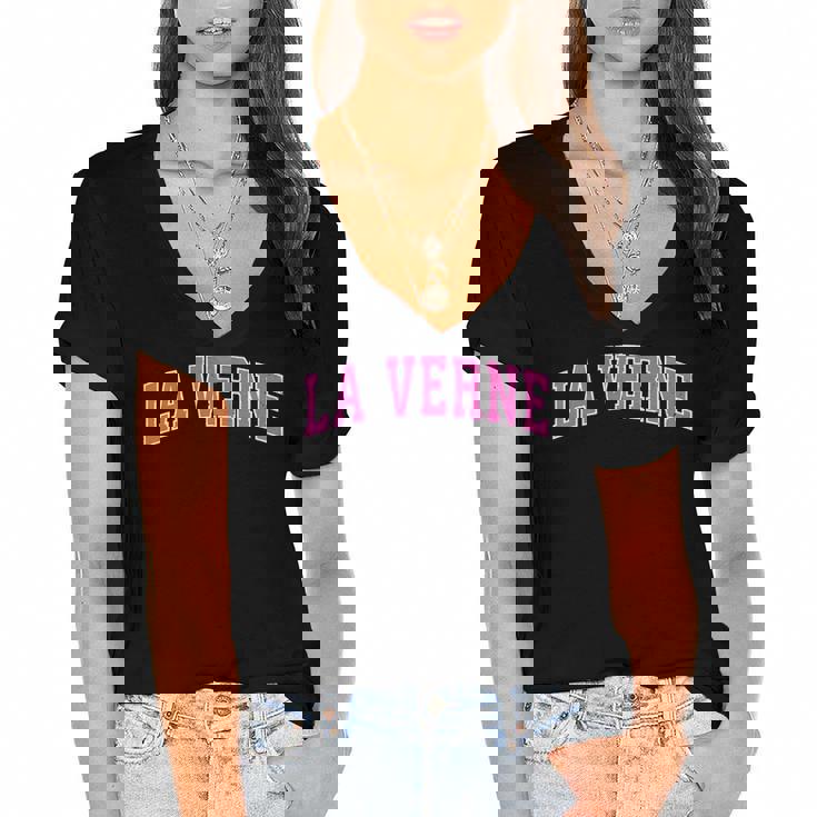 La Verne California Ca Vintage Sports Design Pink Design Women's Jersey Short Sleeve Deep V-Neck Tshirt