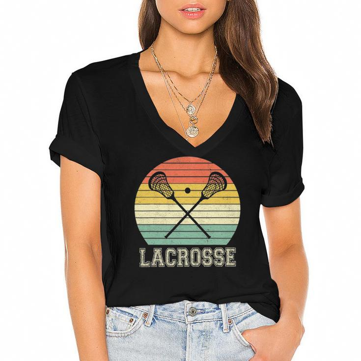 Lacrosse Vintage Retro Lacrosse Stick Sun Gifts Women's Jersey Short Sleeve Deep V-Neck Tshirt