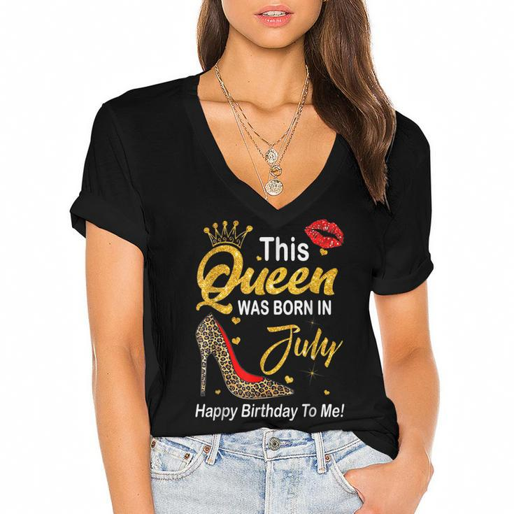 Leopard This Queen Was Born In July Happy Birthday To Me  Women's Jersey Short Sleeve Deep V-Neck Tshirt