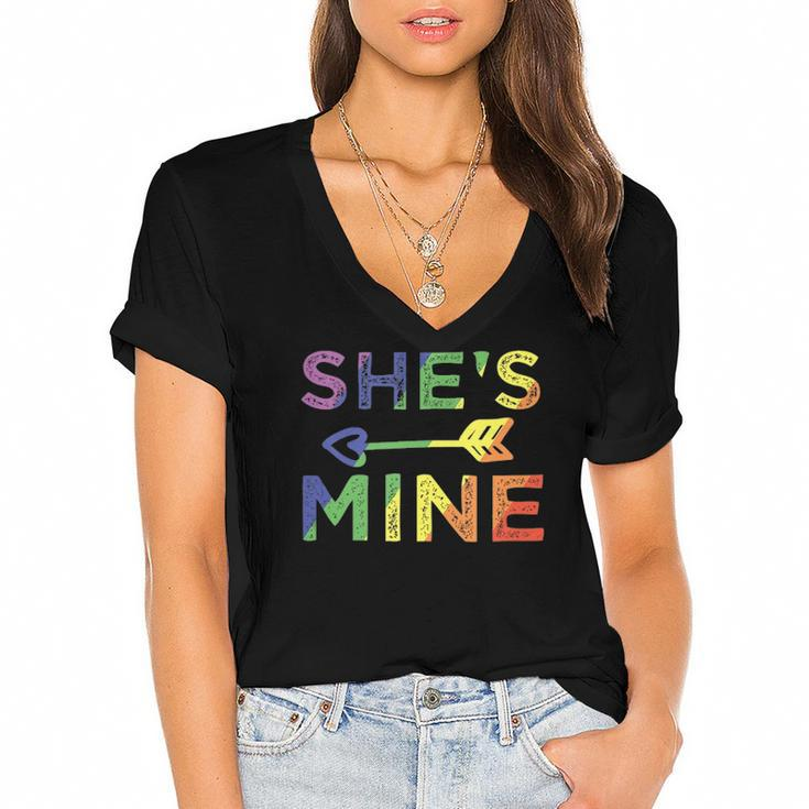 Lesbian Couple Shes Mine Im Hers Matching Lgbt Pride  Women's Jersey Short Sleeve Deep V-Neck Tshirt