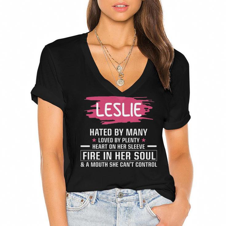 Leslie Name Gift   Leslie Hated By Many Loved By Plenty Heart On Her Sleeve Women's Jersey Short Sleeve Deep V-Neck Tshirt