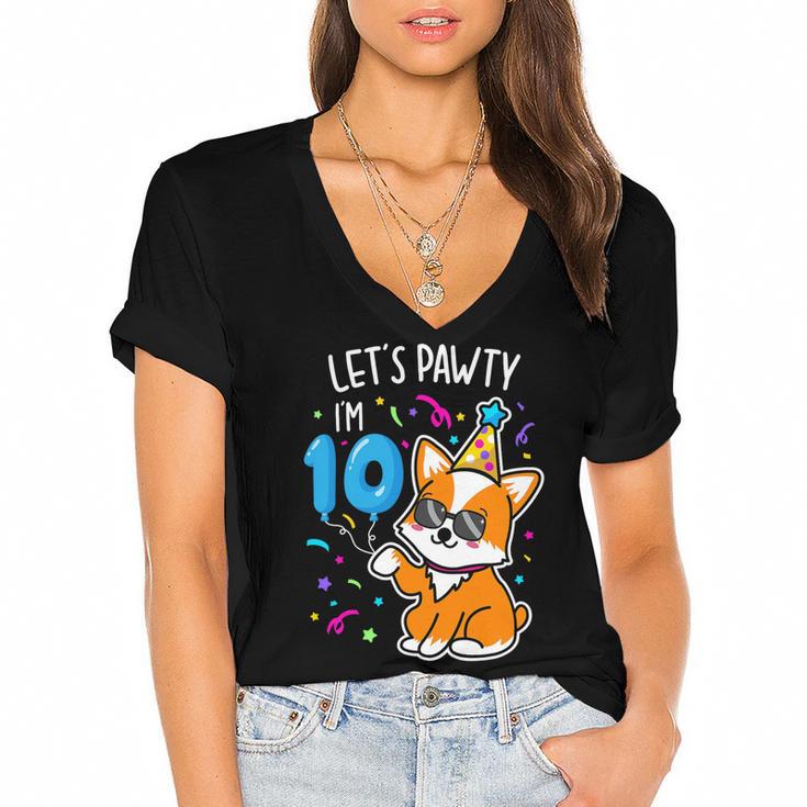 Lets Pawty Im 10Th Birthday Corgi 10 Years Old Birthday Women's Jersey Short Sleeve Deep V-Neck Tshirt