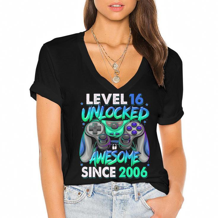 Level 16 Unlocked Awesome Since 2006 16Th Birthday Gaming   V2 Women's Jersey Short Sleeve Deep V-Neck Tshirt