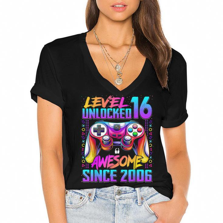Level 16 Unlocked Awesome Since 2006 16Th Birthday Gaming  Women's Jersey Short Sleeve Deep V-Neck Tshirt