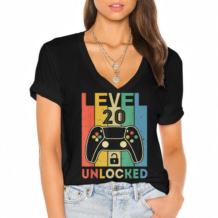Level 20 Unlocked Retro Vintage Video Gamer 20Th Birthday  Women's Jersey Short Sleeve Deep V-Neck Tshirt
