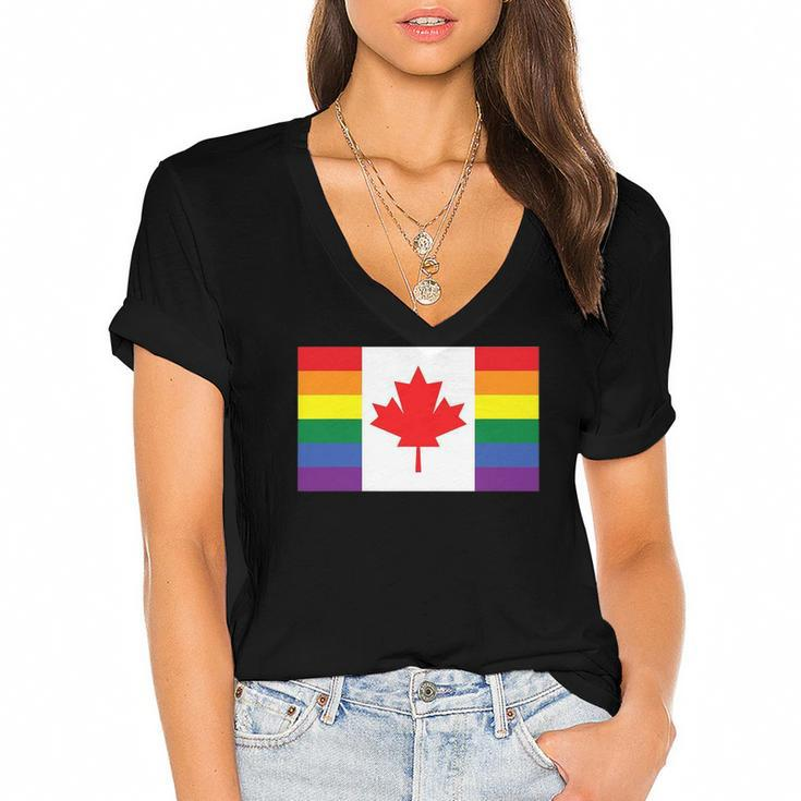 Lgbt Gay Pride Rainbow Canadian Flag Women's Jersey Short Sleeve Deep V-Neck Tshirt