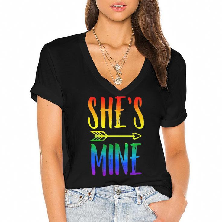 Lgbt Pride Shes Mine Im Her Lesbian Couple Matching Lover Women's Jersey Short Sleeve Deep V-Neck Tshirt