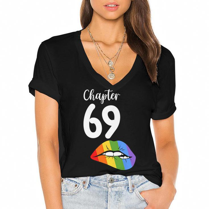Lgbt Sexy Lips Rainbow Chapter 69 Birthday Celebration   Women's Jersey Short Sleeve Deep V-Neck Tshirt