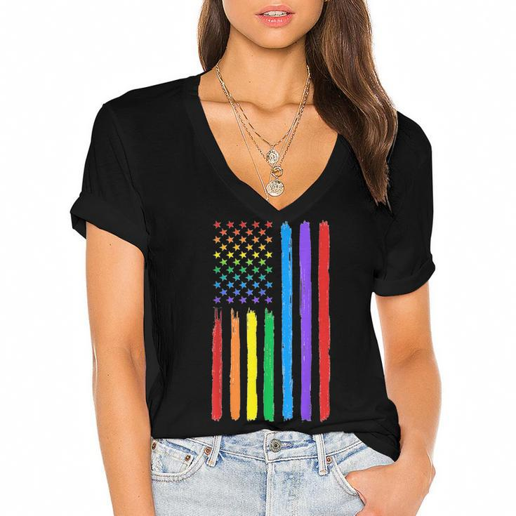 Lgbtq American Flag Pride Rainbow Gay Lesbian Bi Transgender  Women's Jersey Short Sleeve Deep V-Neck Tshirt