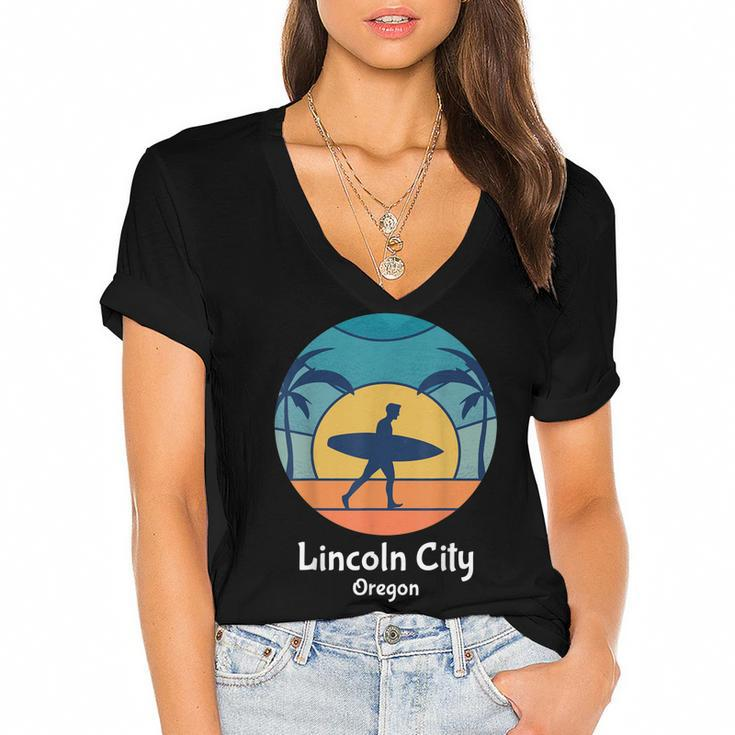 Lincoln City Oregon Surfing Surfer Vintage Sunset Surf Beach  Women's Jersey Short Sleeve Deep V-Neck Tshirt