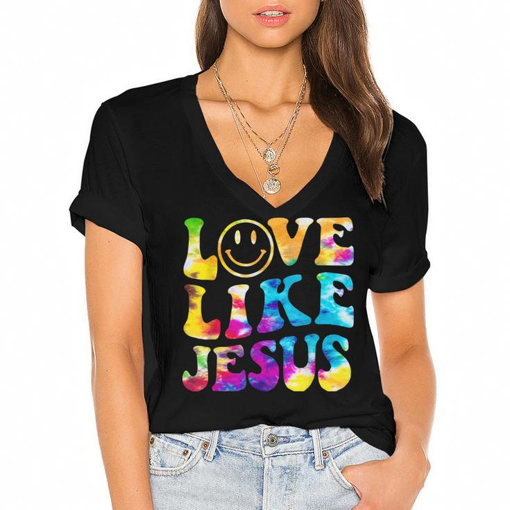 Love Like Jesus Tie Dye Faith Christian Jesus Men Women Kid  Women's Jersey Short Sleeve Deep V-Neck Tshirt