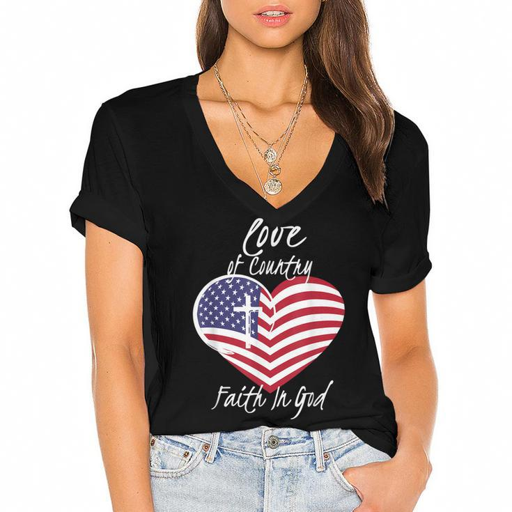 Love Of Country Faith In God Funny Christian 4Th Of July  Women's Jersey Short Sleeve Deep V-Neck Tshirt