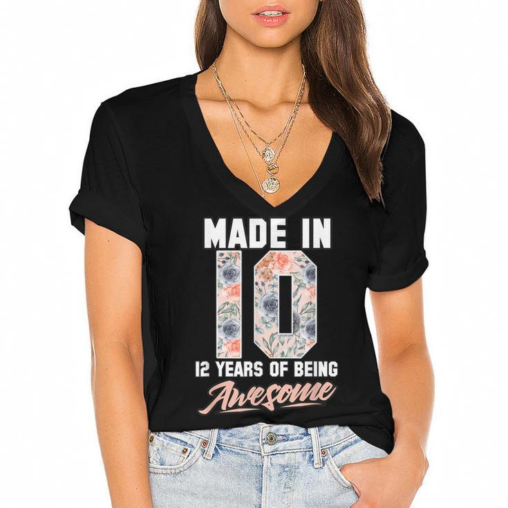 Made In 2010 12 Years Of Being Awesome 12Th Birthday Flowers  Women's Jersey Short Sleeve Deep V-Neck Tshirt